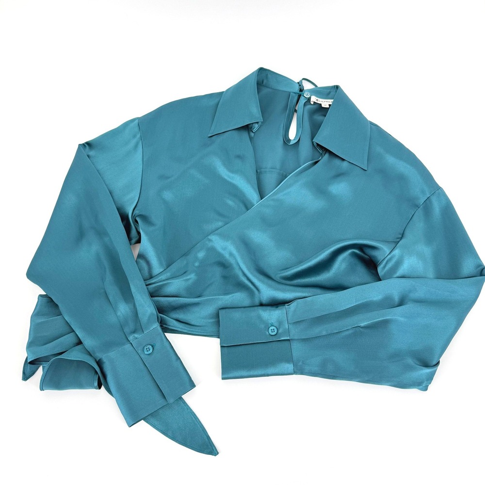 Lilysilk Mulberry Silk Wrapover Cropped Shirt Blouse Adriatic Blue Women Org$185 - Picture 4 of 12